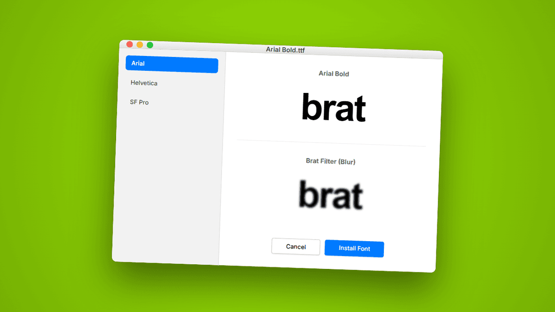 brat font style example, bold lowercase typography on neon green background